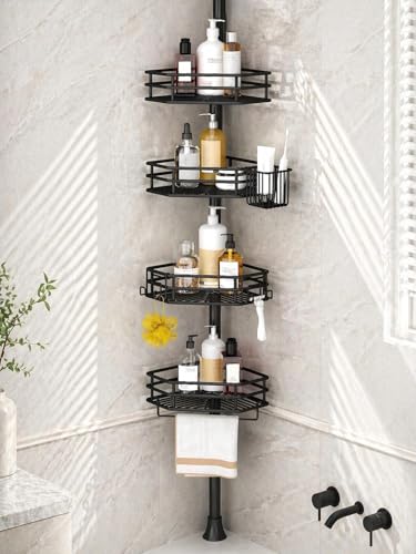 SEIRIONE Corner Shower Caddy Tension Pole, Quick Setup, Rust-Free Bathroom Shower Organizer Corner for Bathtub Shampoo Storage, 4-Tier Adjustable Shelf, Drill Free, Fits 34 to 116 Inch Height, Black - color: Black