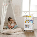 YASONIC Metal 3 Tier Rolling Cart - Heavy Duty Utility Cart with Lockable Wheels, Hanging Cups, Hooks, Mesh Rolling Storage Cart Craft Cart Organizer, Lightweight and Sturdy, White - color: White