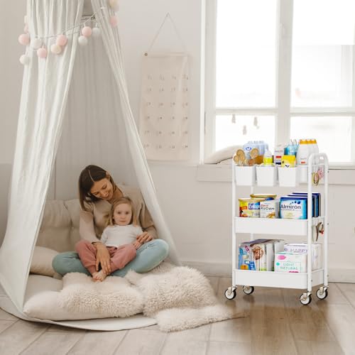 YASONIC Metal 3 Tier Rolling Cart - Heavy Duty Utility Cart with Lockable Wheels, Hanging Cups, Hooks, Mesh Rolling Storage Cart Craft Cart Organizer, Lightweight and Sturdy, White - color: White