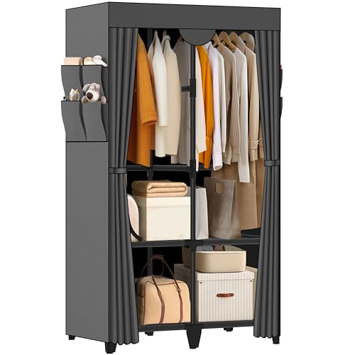 Wardrobe Closet, Quick and Easy Assembly, Gray Portable Closet with 2 Hanging Rods 4 Storage Shelves and Side 8 Pockets, Sturdy and Stable Clothes Rack with Cover, for Bedroom and Dormitory - color: Grey, size: 34 Inch