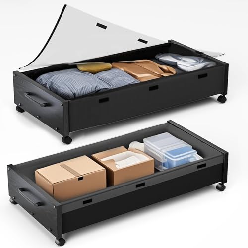 Under Bed Storage with Wheels, 2 Packs Wooden Storage Containers Extra Large Underbed Shoes Organizer, Rolling Under Bed Storage Drawers with Clear Lid, Heavy Duty for Clothes Toys 36"L (Black) - color: CARL-Black-2-90