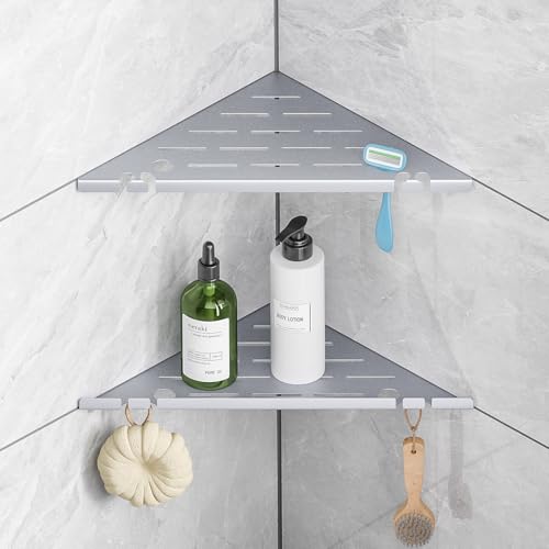 Shower Corner Shelf Organizer Rack with Hooks & Razor Hole, No Drilling Tile Shower Shelves, Rustproof Stainless Steel Bathroom Shelves Basket, Modern Corner Shelf for Bathroom, 2Pack-Silver - color: 4-upgraded Silver