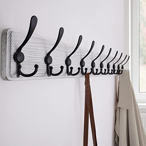 SKOLOO Coat Rack Wall Mounted - 38.3'' Long, Wooden, Heavy Duty, Rustic Coat Hooks for Wall, Wall Coat Rack with 10 Triple Hooks for Hanging Clothes, Jacket, Hat(Weathered White) - color: White Plate & Black Hook, size: 1 Item-10 Hooks