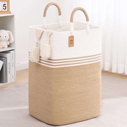 Laundry Basket Hamper,Blanket Storage,Dirty Clothes Hamper with Swivel Handles,Woven Cotton Rope Toy Baskets,Blanket Basket Living Room,Decorative Hampers for Nursery,Bedroom,White & Brown,100L - color: White & Brown, size: 100L