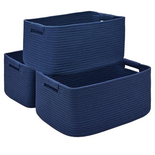 3 Pack Large Storage Basket for Organizing, 17.5"x13"x7" Woven Basket for Shelves, Closet Cube Storage Bins with Wrapped Handle, Cotton Rope Baskets for Kitchen, Clothes, Toys(Navy Blue) - color: Navy Blue, size: 3 Pack