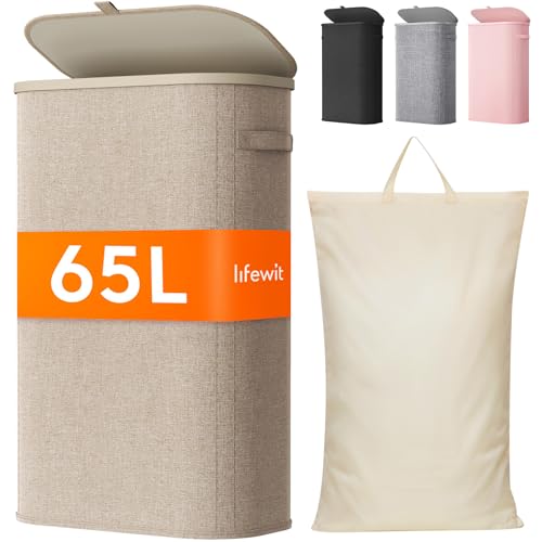 Lifewit Slim Laundry Basket with Lid, Narrow Laundry Hamper with Plastic Handles and Removable Bag, Tall Foldable Dirty Clothes Hampers for Laundry Room, Bedroom, Bathroom, Dorm, 65L Beige - color: Beige, size: 65L