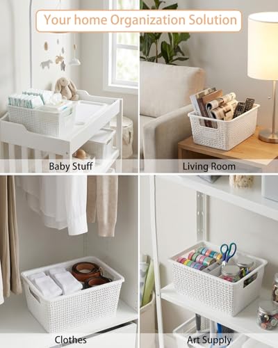 Plastic Storage Baskets with Lids [6-Pack] – Stackable Organizing Bins with Secure Snap-On Lids for Pantry, Bathroom & Closet | 11"x7"x5" Bins Hold 25lbs, Dustproof & Water-Resistant, White - color: White