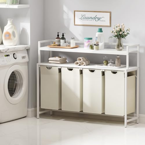 Lifewit Laundry Hamper 4 Section, 168L Pull out Laundry Clothes Basket Organizer with Large Top Shelf and 4 Removable Bags and Handles for Laundry Room Bedroom Bathroom, White with Shelves - color: White, style: Laundry hamper with shelves