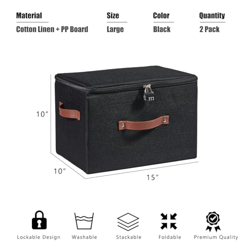 2PCS Storage Bins Boxes with Zipper Lid Combination Lock PU Leather Handles Cotton Linen Fabric Lidded Lockable Baskets Foldable Washable Closet Shelf Organizer Container (Black, Large) - color: Black, size: Large ( Set of 2 )