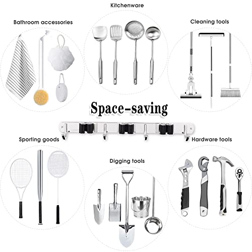 3 Racks and 4 Hooks Broom and Mop Holder Wall Mounted Garage Organizer Storage Tool Racks Stainless Steel Heavy Duty Hooks Self Adhesive Solid Non-slip Wall Hangers for Home Kitchen Garden Laundry - color: 3 Racks & 4 Hooks (Silver) - 1 Pack