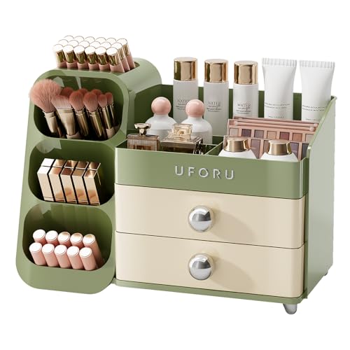Makeup Organizer for Vanity with Brush Holder, Large Plastic Bathroom Countertop Skincare Organizer with 2 Drawers, Spacious Cosmetic Display Case for Perfumes, Eyeshadow Palettes, Nail Polishes - color: Green, size: Large