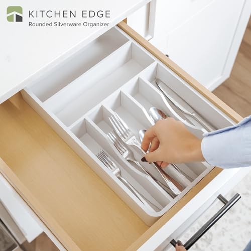 KitchenEdge Silverware Organizer - Cutlery, Flatware, and Utensil Holder for Kitchen Drawers, Fixed 10.5” Width, 7 Storage Compartments, Non-Slip Feet, Rounded Corners, 100% Bamboo, White Finish - color: White Bamboo