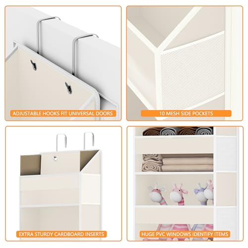 Over Door Organizer with 5 Large Pockets & 10 Mesh Side Compartments - Behind The Door Storage for Bathroom, Bedroom, Closet, Pantry, RV & Nursery - Baby Room Organizer Solution - Beige - color: Beige