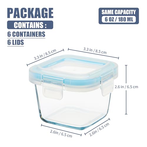 Small Glass Containers 6 Pack, 6 oz Reusable, Airtight, Leakproof Mini Food Storage Containers with Lids