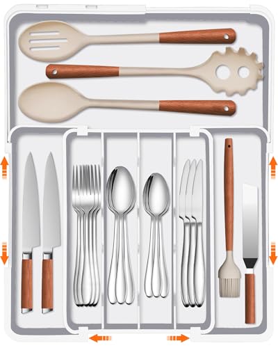 Spaclear Silverware Organizer - Expandable Kitchen Drawer Organizer, BPA-Free Food-Safe Utensil Drawer Organizer with 7 Compartments, Deep Cutlery Tray for Forks, Knives, White - color: White, size: M(9.5-15.2"W x 12.6-19"D)
