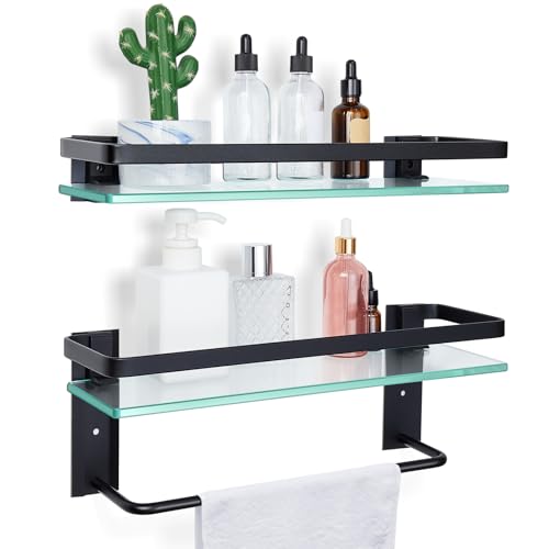 Suzile Set of 2 Glass Bathroom Shelves with Bar, Wall Mounted 15.7 x 4.7 Inches, Bathroom Shelves Hanging Modern Floating Shelf Metal Stick Room Rustproof Organizer Decorative(Black) - color: Black