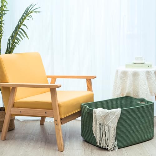 MINTWOOD Design 22in Extra Large Blanket Basket Holder Living Room, Rectangle Rope Woven Storage Basket with Handles for Laundry, Pool Towels, and Shoes, Dog Toy Organizer Bin Box, Forest Green - color: Forest Green