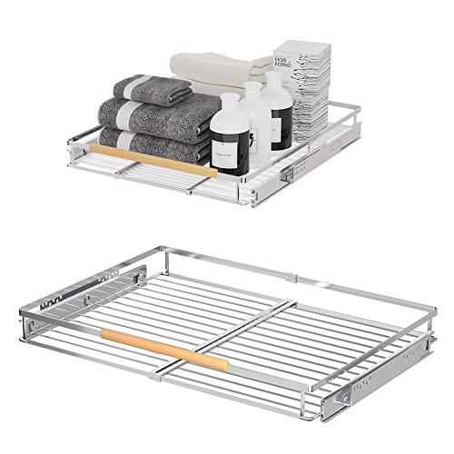 Expandable Sliding Basket, Pull-Out Cabinet Organizer, Heavy Duty Slide Out Pantry Shelves Sliding Drawer Storage for Kitchen, Under Sink, Wardrobe, 2 Pack Chrome 16.6''-27.8''W x 22''D - color: 2 pack, size: L(16.6''-27.8''W x 22''D)