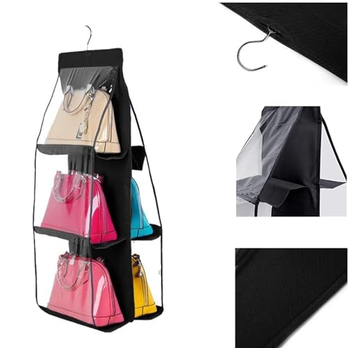 HAN SHENG 6 Pockets Clear Handbag & Purse Organizer Hanging Bag Storage - Space Saving Hanging Shelf for Closet, Wardrobe, Over Door (1 Pack, Black) - color: Black, size: 6 Pockets-1pc