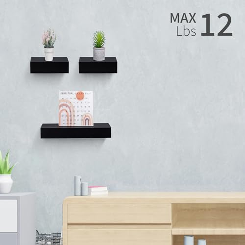 Floating Wall Shelves Set of 3 – MDF Wood Wall Mounted Shelf for Living Room, Bedroom, Bathroom, Office – Decorative Storage Racks for Plants, Photos, Books (Black, Medium Set) - color: Black, size: Medium Set