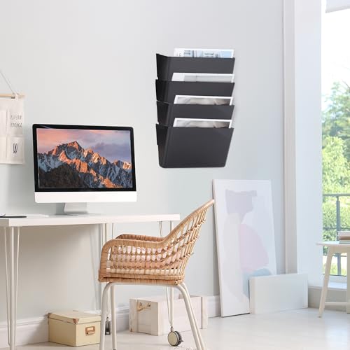 EASEPRES 4 Pack Black Single Pocket Hanging File Organizer, Plastic Wall Mount Paper Mails Magazines Holder, Mounted Folder Bins for Office, School and Home, 12.99x4.13x7.48 inches - color: Black, size: 4 Pack