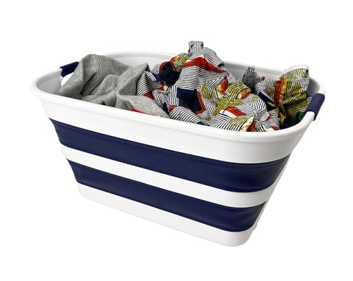 SAMMART Collapsible Plastic Laundry Basket with Handle/Foldable Pop Up Storage Hamper/Portable Laundry Organizer-Space Saving Washing Tub/Household Storage (White/Starry Blue, 27L) - color: White/Starry Blue, size: 27L