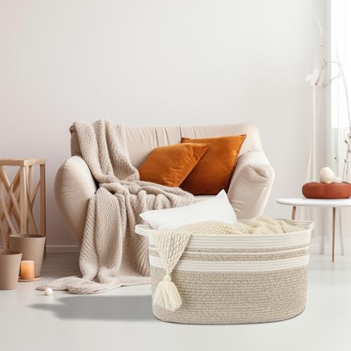 XUANGUO Large Rectangle Blankets Basket Living Room 22"x17"x12" Woven Cotton Rope Storage Baskets for Nursery Toy Baskets for Kids Wicker Laundry Basket Bin for Clothes Towels white brown - color: white and brown