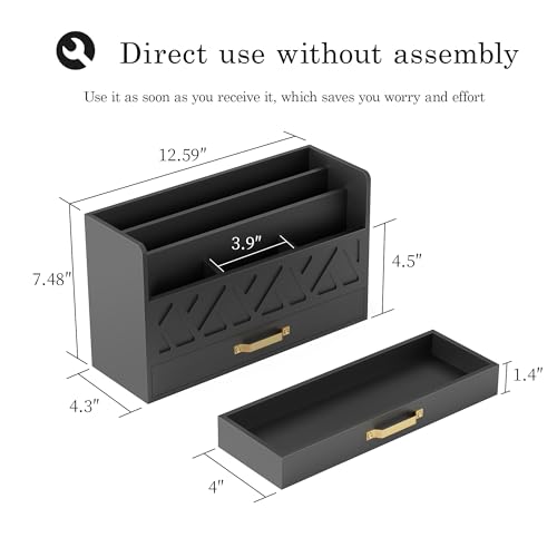 WISUCART Bamboo Mail Organizer Countertop Wood Desk Organizer Drawer Tabletop Storage Box Letter Sorter Makeup Organizer for School Home Office Supplies Black - color: Black