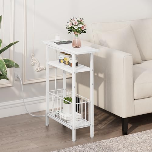 Vagusicc Narrow Side Table with Charging Station, Skinny Side End Table for Couch, 3-Tier Small End Tables for Small Spaces, 25.2" Tall Slim Nightstand Bedside Table for Living Room, Bedroom, White - color: White, style: With Plug