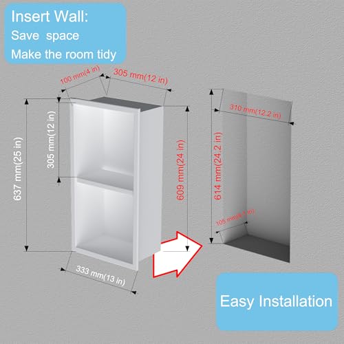 Recessed Wall Niche for Shower Room Storage,Double-Layer Shelves,Wall Insert Tile Ready,Stainless Steel(White, 24 * 12 in) - color: White, size: 24 * 12 in