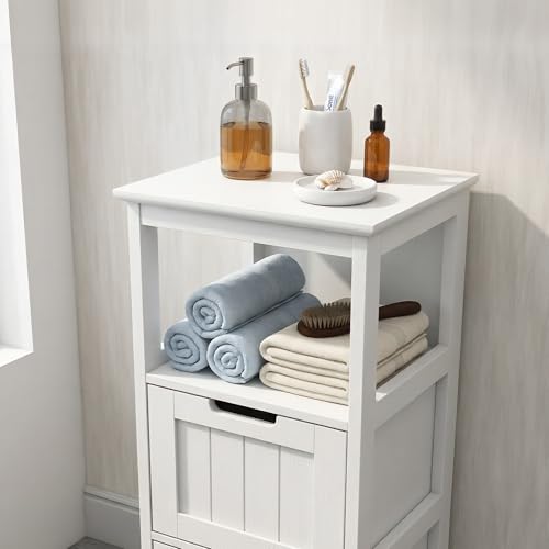 Casaphoria 2-Drawer Bathroom Floor Cabinet, Wooden Storage Organizer with Side Rack, Freestanding Stand Table for Bathroom, Hallway, White - size: 13"L×13"W×35.43"H