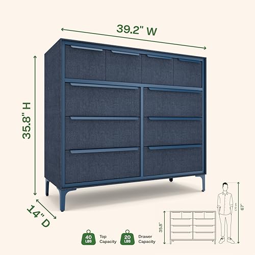 tinge Naima Premium Fabric Dresser - Strong Metal Frame, 10 Spacious Sag-Proof Drawers with Sleek Metal Handles - Premium & Durable Storage Solution for Your Home (Navy) - color: Ocean Blue (Navy), size: 14"D x 39.2"W x 35.8"H (10 Drawers)