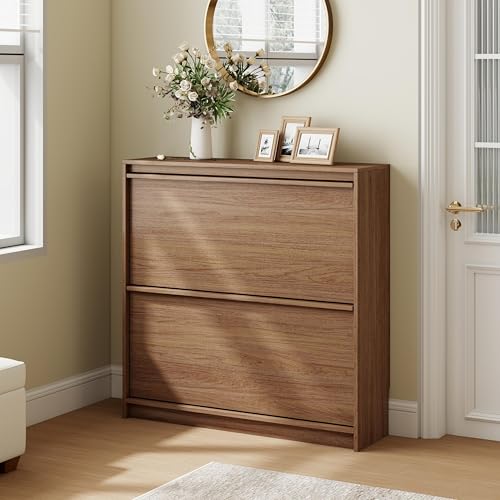 Shoe Cabinet with 2 Flip Drawers, Modern Narrow Shoe Storage Cabinet Organizer with Adjustable Shelf, Hidden Freestanding Shoe Rack for Entryway, Hallway, Living Room, Walnut - color: Walnut, size: 9.45"D x 31.5"W x 31.5"H(2 drawers)