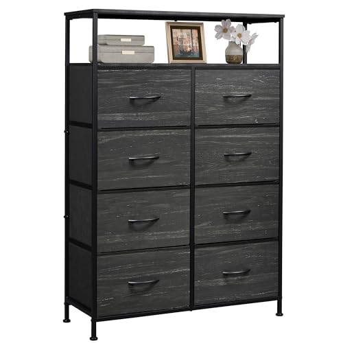 WLIVE Fabric Dresser for Bedroom with Open Shelves, Tall Dresser with 8 Drawers, Storage Tower with Fabric Bins, Chest of Drawers for Closet, Living Room, Hallway, Charcoal Black Wood Grain Print - color: Charcoal Black Wood Grain Print, style: Raised She
