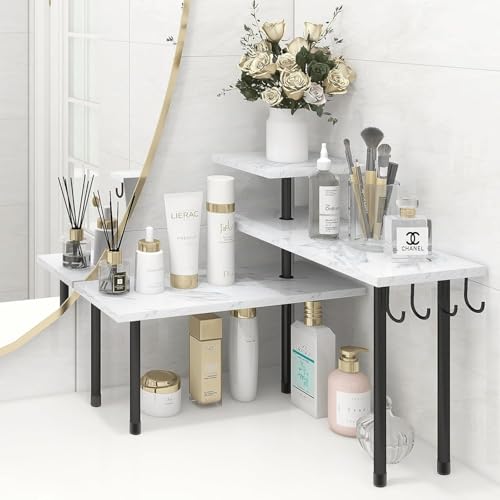 Homode Bathroom Counter Corner Shelf, 3 Tier Kitchen Countertop Organizer for Over The Sink, Make Up, Dresser Table, White Marble - color: White Marble, With Hooks