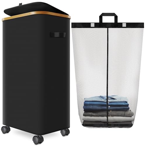 Laundry Hamper with Wheels,29 Gal (110L) Laundry Basket with lid Rolling Clothes Hamper Foldable Dirty Clothes Basket on wheels with Bamboo Frame and Bag for Bedroom, Dorm, Laundry Room-Black - color: Black, size: 110 L