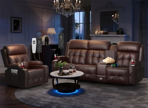 Recliner Sofa Set, Home Theater Seating Set with 3 Seater Reclining Couch & Single Chair, RV Wall Hugger Recliners Sofa Set with USB, Cup Holders & Storage Console, Movie Theater Seats for Living Room - color: Brown, size: 3-Seater + 1 Chair