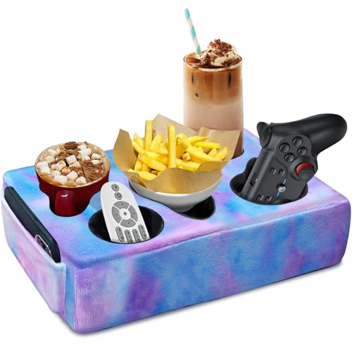 Couch Cup Holder Pillow, 5 Hole Couch Drink Holder! Keep Drinks Hand Side and Keep Temp, Prevent Spills and Use Anywhere. Cup Holder for Couch, Bed, Camping, RV, Car, Beach. Violet - color: Violet
