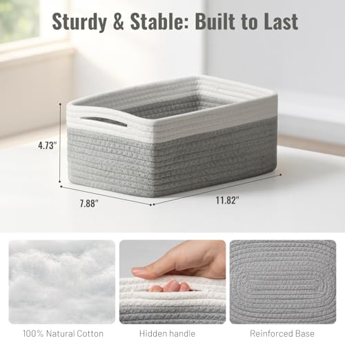 5 Pack Decorative Small Storage Baskets for Shelves, Cotton Rope Woven Basket for Organizing Bathroom, Nursery, Closet, Cabinet, Toys & Socks, Gift Baskets Empty, 11.8"x7.9"x4.7", Gray/White - color: Gray & White