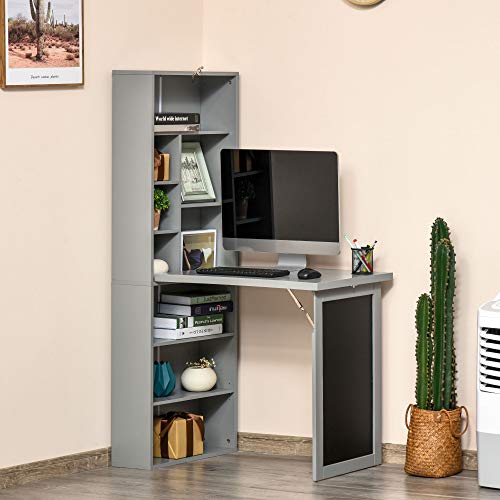 Foldable Wall Mounted Desk with Storage Shelves, Fold Out Convertible Computer Table with Blackboard, Folding Writing Table Workstation for Small Spaces,Home Office (Grey) - color: Grey
