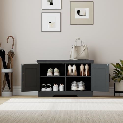 HOMSHO 2-Tier Storage Bench, 27.6" Wide Shoe Bench with Padded Seat Cushion, Entryway Bench with 2 Barn Doors and Adjustable Shelf, Black - color: Black, size: 27.6" Wide