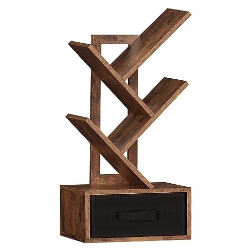 SHEEPAM Small Bookshelf with Drawer,4 Tier Tree Book Shelf,Wood Desk Bookshelves,Modern Free Standing Desktop Display Shelves,Brown Floor Standing Organizer Bookcase for Living Room,Bedroom,Office - color: Retro Brown, size: 4 Tier