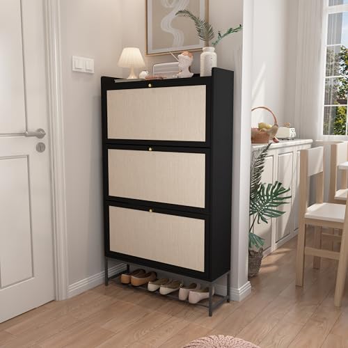 Shoe Cabinet Storage for Entryway, Narrow Shoe Cbinet with 3 Filp Drawers, Wood Freestanding Shoe Organizer Cabinet with Metal Legs, Hidden Storage Behind Door for Hallway, Living Room (Black) - color: Linen-black, size: 3 Drawer-Divider