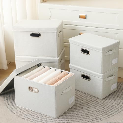 PRANDOM Collapsible Storage Bin with Lid [5-Pack] Fabric Foldable Storage Box Organizer Container Basket Cube with Cover for Home Bedroom Closet Office Beige(15.3x10x9.7) - color: Beige, size: M(5-Pack)