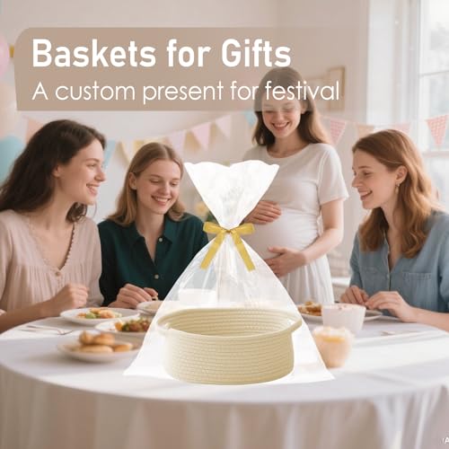 JMvicyroam Woven Basket,Small Rope Storage Bin with Handles & Ribbon Bag, Organizer for Shelves Closets,Gift Basket Empty for Birthday,Books,Dog Toys,Beige/2 Pack - color: Beige, size: 2 Pack