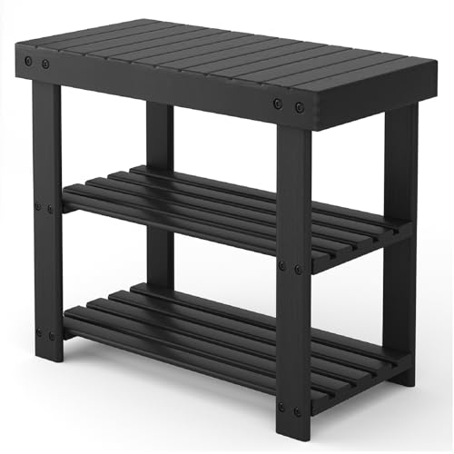 Sweetcrispy Shoe Rack Bench, 3-Tier Bamboo Entryway Storage Organizer, 286lb Capacity, Shoes Stand for FrontDoor Entrance, Bedroom, Living Room, Bathroom, Balcony, 19 Inches Length, Black - color: Black, size: 19 inches WIdth