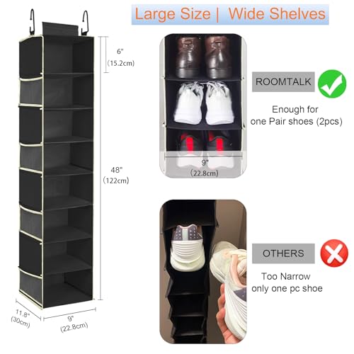 2 Pack Large-Sized Hanging Shoe Organizer 8-Shelf, Hanging Closet Organizer with 8 Side Pockets, Wider Hanging Shelves for Storage Shoes Clothes 9" W × 11.8" D× 48" H, Black. - color: Black - 2 Pack, size: 2 pack