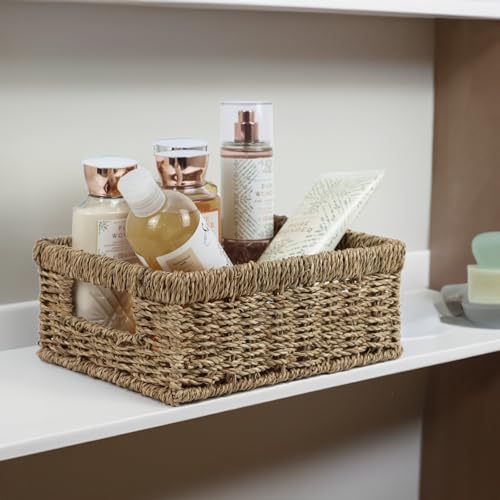Wicker Baskets, Baskets for Organizing, Rattan Woven Basket for Storage, Organizer Bins with Built-in Handles, Storage Basket for Shelves (Seagrass, Small) - color: Seagrass