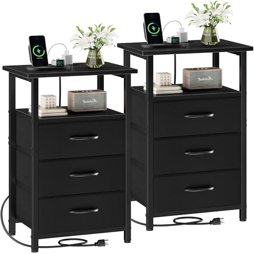 Vagusicc Nightstand Set of 2 with Charging Station, Bedside Table with USB Ports and Outlet, End Table Side Table with 3 Fabric Drawers and Storage Shelf, Bed Side Table Night Stand for Bedroom, Black - color: Black, size: 2 Pieces, style: Ordinary