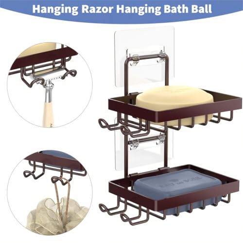 Moforoco Brown Double Soap Bar Holder for Shower, No Drilling, 304 Stainless Steel, Wall Mounted Soap Holder with 4 Hooks and Razor Holder, Shower Rack Soap Tray Bar Soap for Bathroom Accessories - color: Brown, size: 2-T